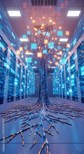 Digital data tree growing in a futuristic server room