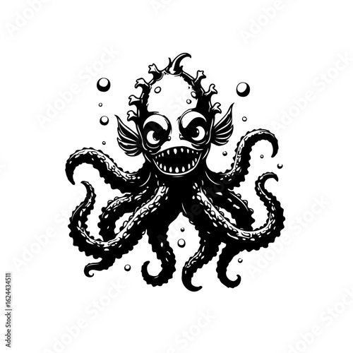 Creepy cartoon octopus with human face staring menacingly with tentacles and bubbles on a white background