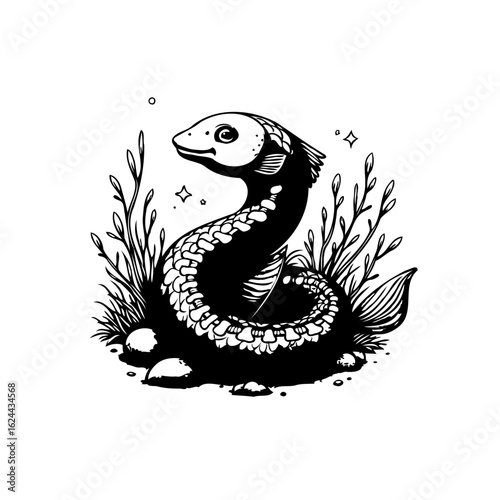 Enchanting serpent illustration: A whimsical fusion of reptile and aquatic life in black and white line art style