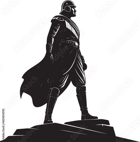 Black clad figure standing on rocky outcrop white