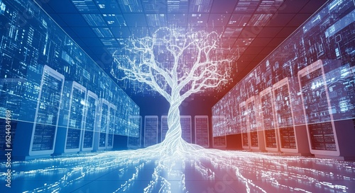 Glowing digital tree in a futuristic server room