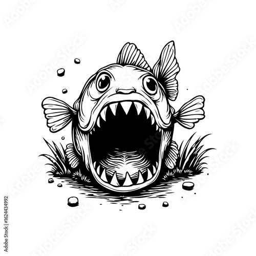 The menacing piranha illustration with sharp teeth and big eyes creating a dangerous presence in water world