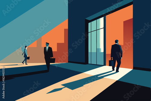 early morning office building scene with employees.eps