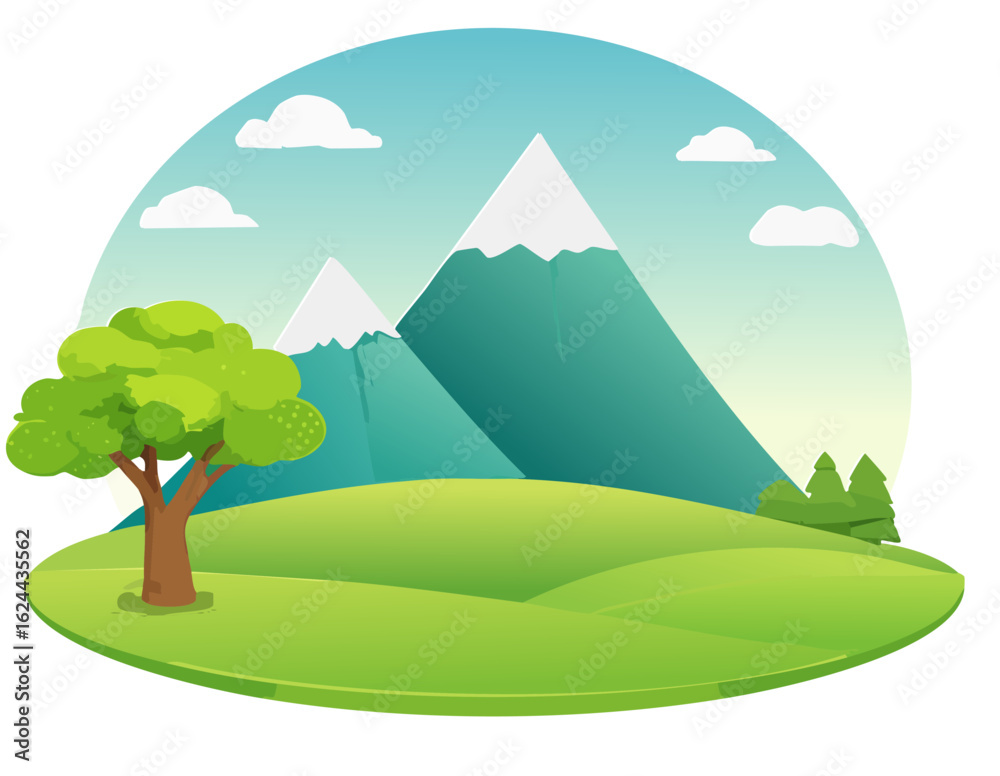 Fototapeta premium Mountain, tree and vector landscape for children's fairy tale book or background