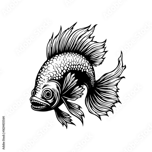 Artistic monochrome depiction of a freshwater fish illustration showcasing intricate details and graceful fin design