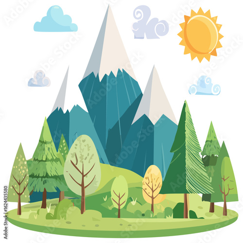 Mountain, tree and vector landscape for children's fairy tale book or background