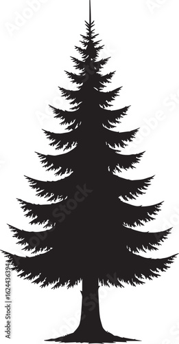 A black silhouette vector of a pine tree with roots and detailed branches against a white background.