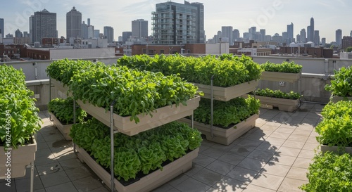 Urban Rooftop Garden with Lush Vegetables and City Skyline in Background on a Bright Sunny Day