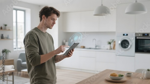Man using tablet with smart home interface in modern kitchen