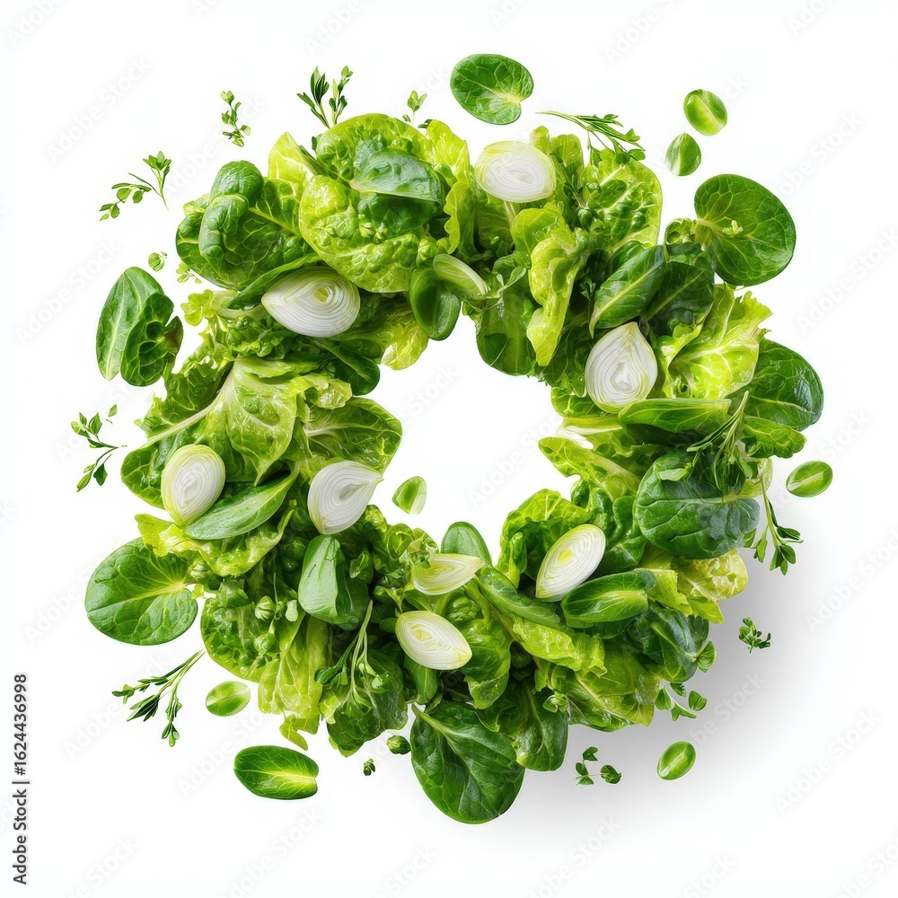 Obraz premium Fresh Green Leafy Vegetables Arranged in a Circle for Healthy Eating Concept