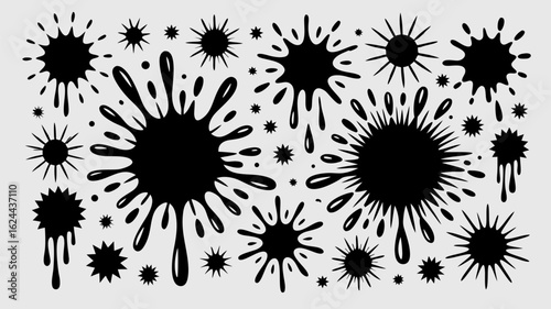 Collection of black ink blots and splatter designs for artistic and creative projects