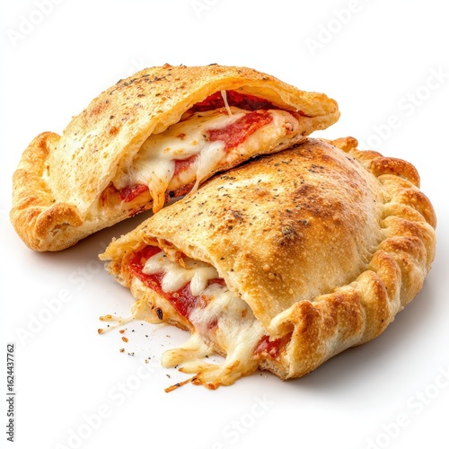 Delicious Pepperoni Pizza Calzones Baked to Perfection Two halves of a calzone showing melted cheese and pepperoni