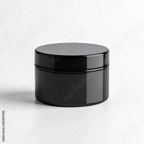 Sleek black cosmetic container, product presentation, studio shot, minimalist aesthetics on white background