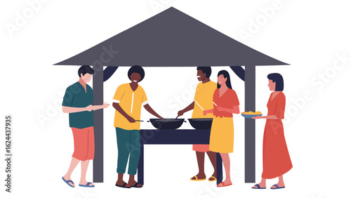 Diverse group of people cooking and socializing under a gazebo structure in a casual setting