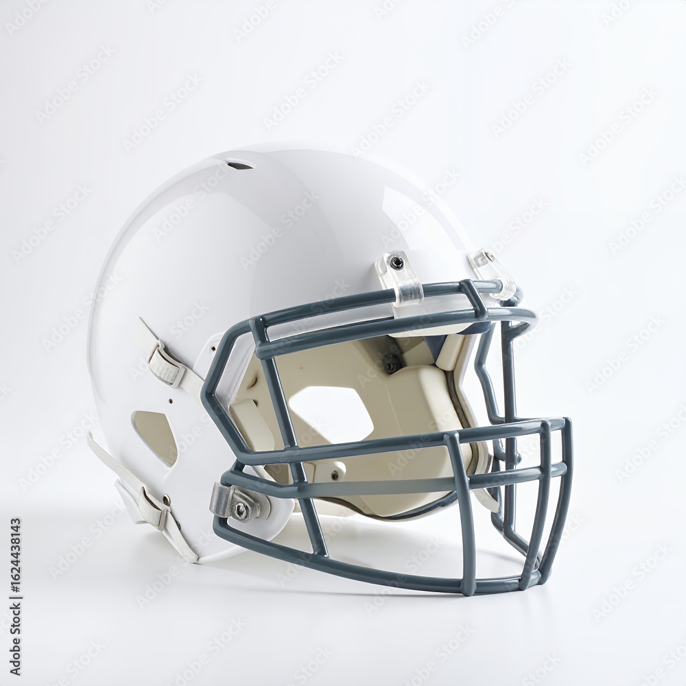 Naklejka premium Isolated pristine football helmet exhibiting sleek design against clean field on white background
