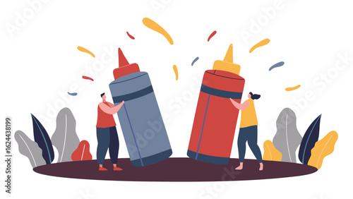 Illustration of two people pushing large ketchup and mustard bottles with colorful confetti around them