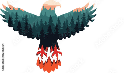 Majestic eagle silhouette with a double exposure of a pine forest, symbolizing the powerful spirit of the wilderness.