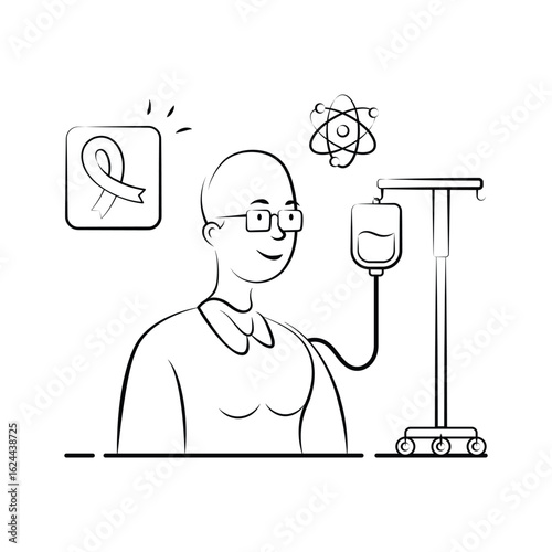 Cancer patient receiving IV chemotherapy treatment, flat illustration
