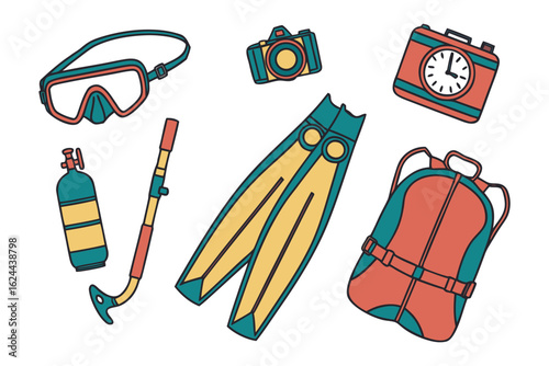 Essential Scuba Gear: A delightful array of scuba diving equipment essential for exploration, including a mask, camera, fins, air tank, and snorkel.