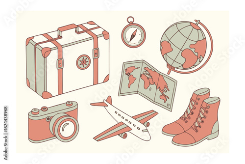 Vintage Travel Icons: An artistic illustration of vintage travel icons, evokes a sense of wanderlust. It has suitcase, boots, airplane, map, camera and globe.