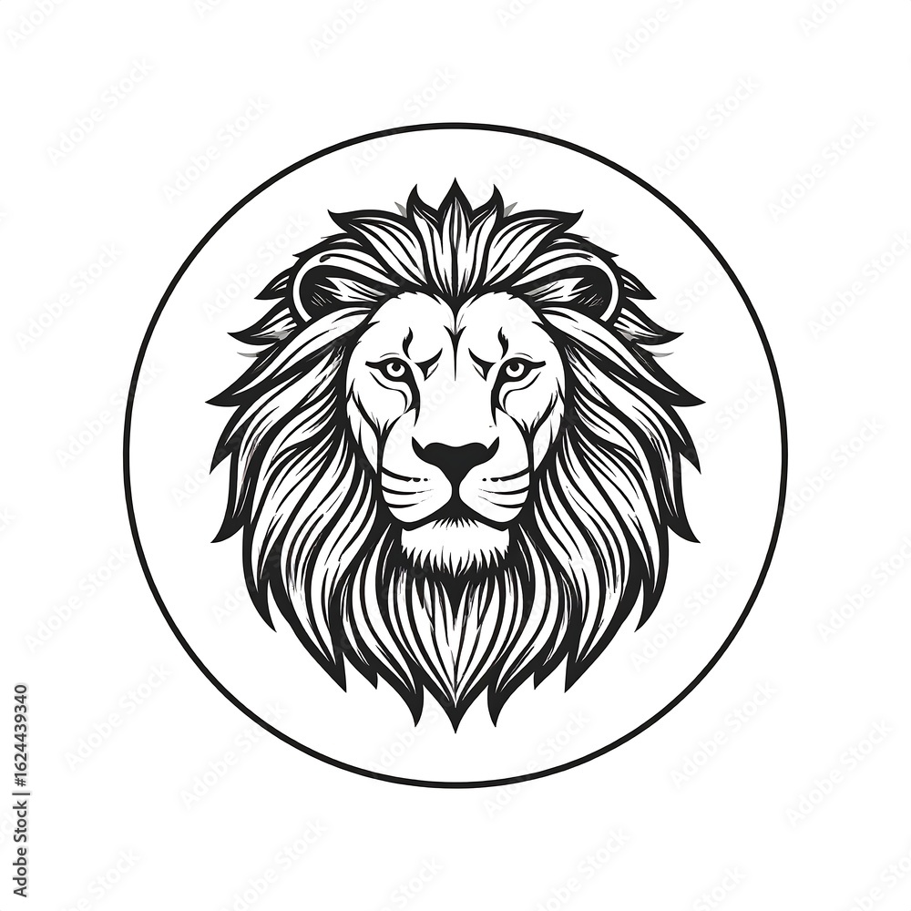 Fototapeta premium Detailed line art lion's head, encircled