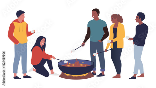 Group of people roasting marshmallows over a fire pit at an outdoor gathering with friends around them
