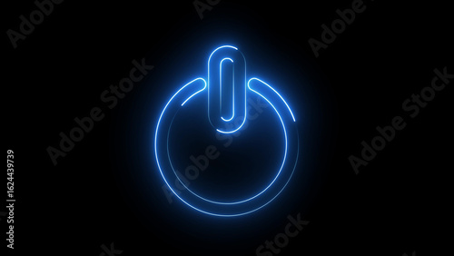 A vibrant neon power icon glowing electric blue, shaped like a sleek circular button with a central vertical line, symbolizing energy, technology, and futuristic activation.
