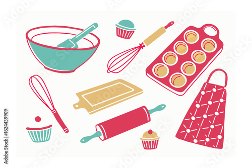 Baking Delight: A collection of charming baking tools and delightful treats, arranged to create a visual feast, perfect for any home cook or bakery.