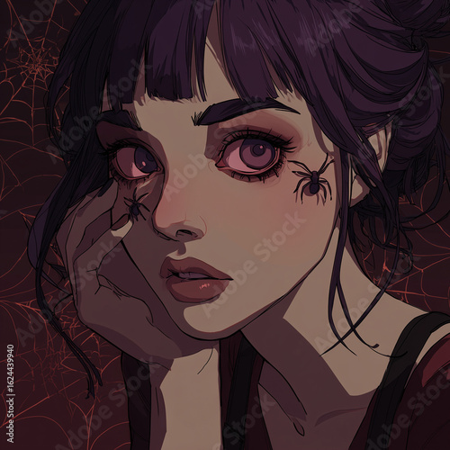 cartoon portrait of a gothic girl with spiders on her face
