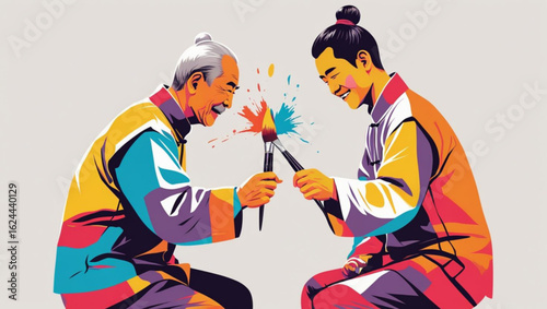 Two men of different generations painting together with a splash of color