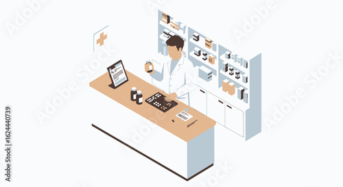 Pharmacist dispensing medication in a clean, modern pharmacy.