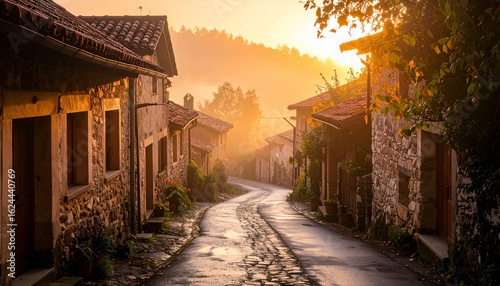 Golden sunrise light illuminates a misty, winding cobblestone street in a rustic, ancient village.