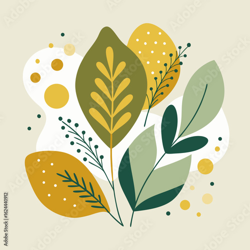 Loose ink-style leaf clusters in sage and olive, with abstract mustard and gold shapes, inspired by Scandinavian minimal pattern trends.