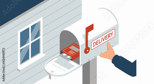 Isometric illustration of a delivery vehicle entering a mailbox, showing a hand opening the box.