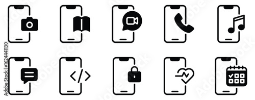 Smartphone Technology Icon Set Solid Style Collection representing mobile devices apps and digital communication suitable for tech products UI design and mobile development platforms