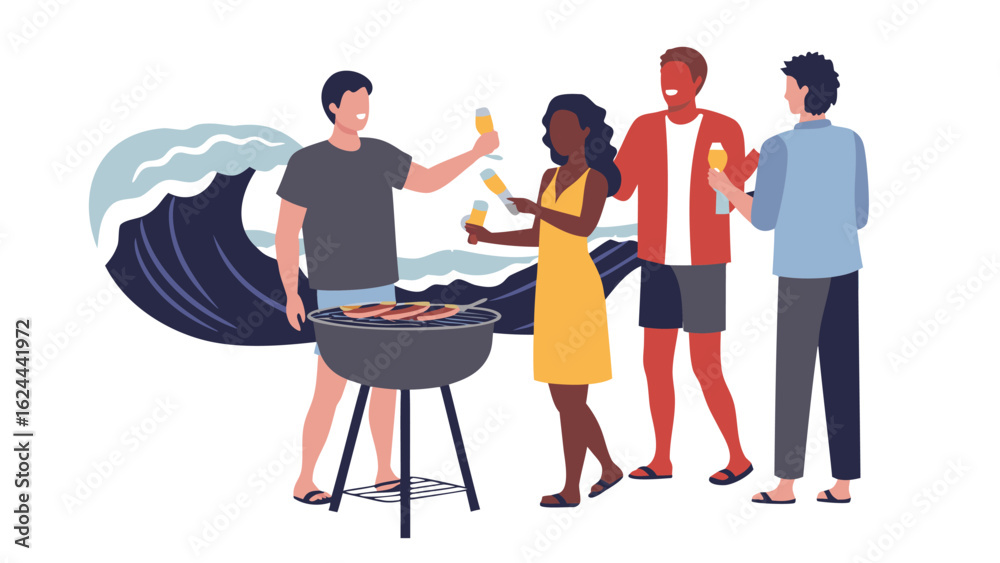 Obraz premium Group of friends grilling and drinking at the beach with a wave in the background having fun