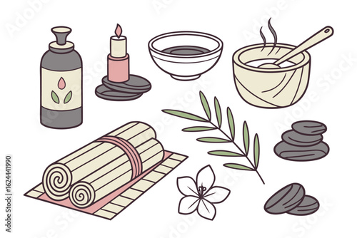 Spa day essentials: A photorealistic composition featuring a collection of spa day essentials, inviting a feeling of relaxation, well-being, and self-care. 