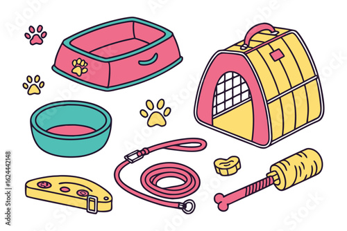 Pet Essentials Set: A playful illustration of essential pet supplies, including a carrier, bowl, leash, and other items, rendered with clean lines and vibrant colors.