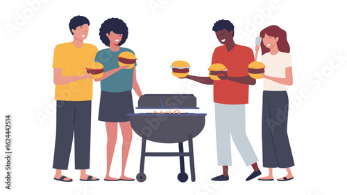 Group of diverse people enjoying a barbecue with burgers and a grill on a white background scene image