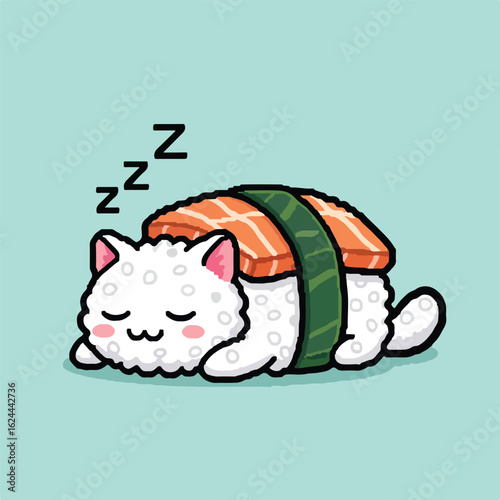 A kawaii cat sleeping as a piece of salmon nigiri sushi, a funny food pun concept for japanese cuisine lovers. Anomali cartoon illustration of a cute kitten resting peacefully.