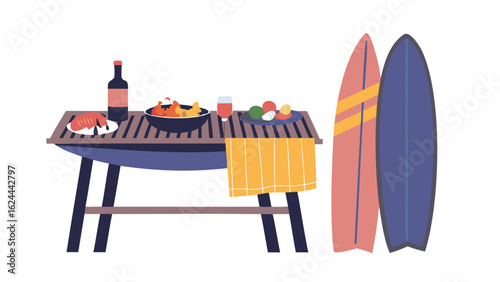 A picnic table with food and drinks next to surfboards creating a beachside summer vibe scene image