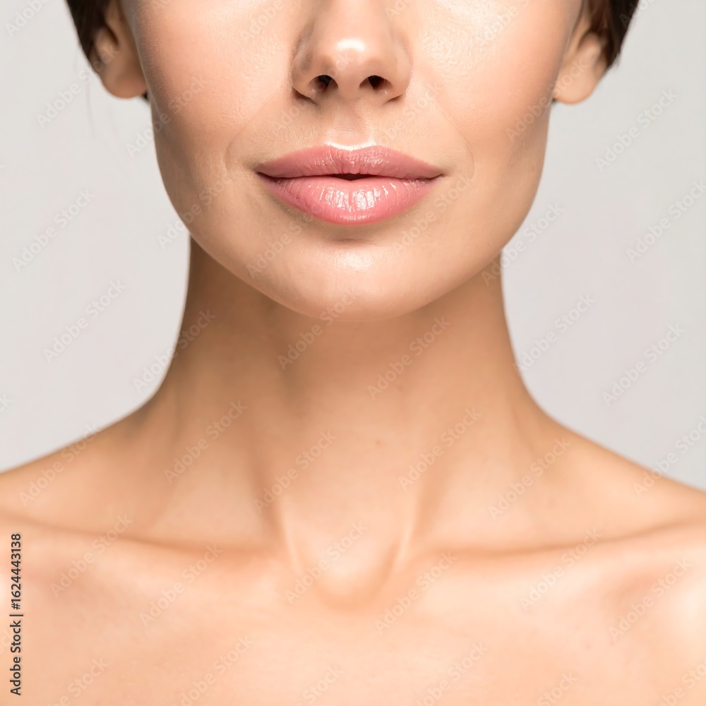 Close-up of a woman's face and neck, showcasing smooth skin and subtle makeup Close-up of a woman's face and neck, showcasing smooth skin and subtle makeup