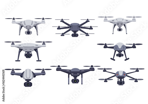 A grid of nine differently styled drones each with varying designs  camera attachments