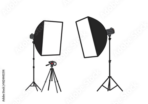A studio setup with two softbox lights positioned around a camera on a tripod