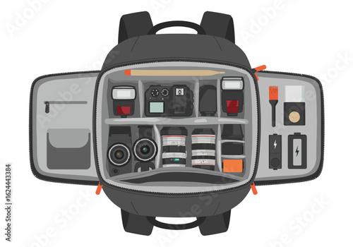 An open gray camera backpack with photographic equipment viewed from above featuring lenses batteries and a DSLR camera
