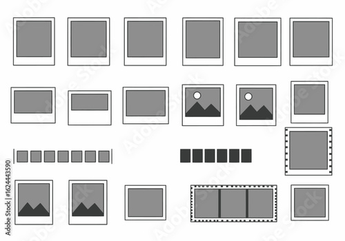 Display of variously formatted photos with borders including panoramic and mountainthemed images