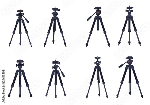 Eight black tripods are arranged on a white background each displayed at different angles