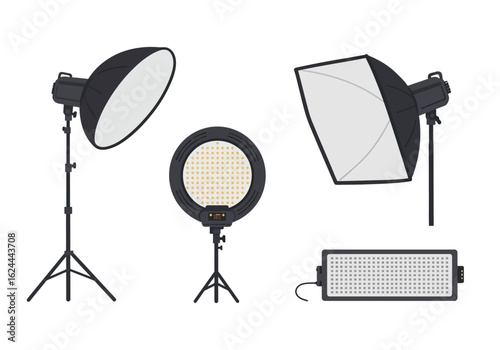 Four studio lighting equipment illustrations two with stands one ring and one panel