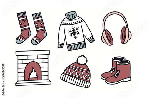 Cozy Winter Essentials: A collection of warm, inviting winter essentials is artfully arranged, featuring socks, a sweater, headphones, a fireplace, a hat, and boots in a comforting display.