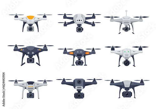 Nine drones arranged in a 3x3 grid each featuring different colors and designs